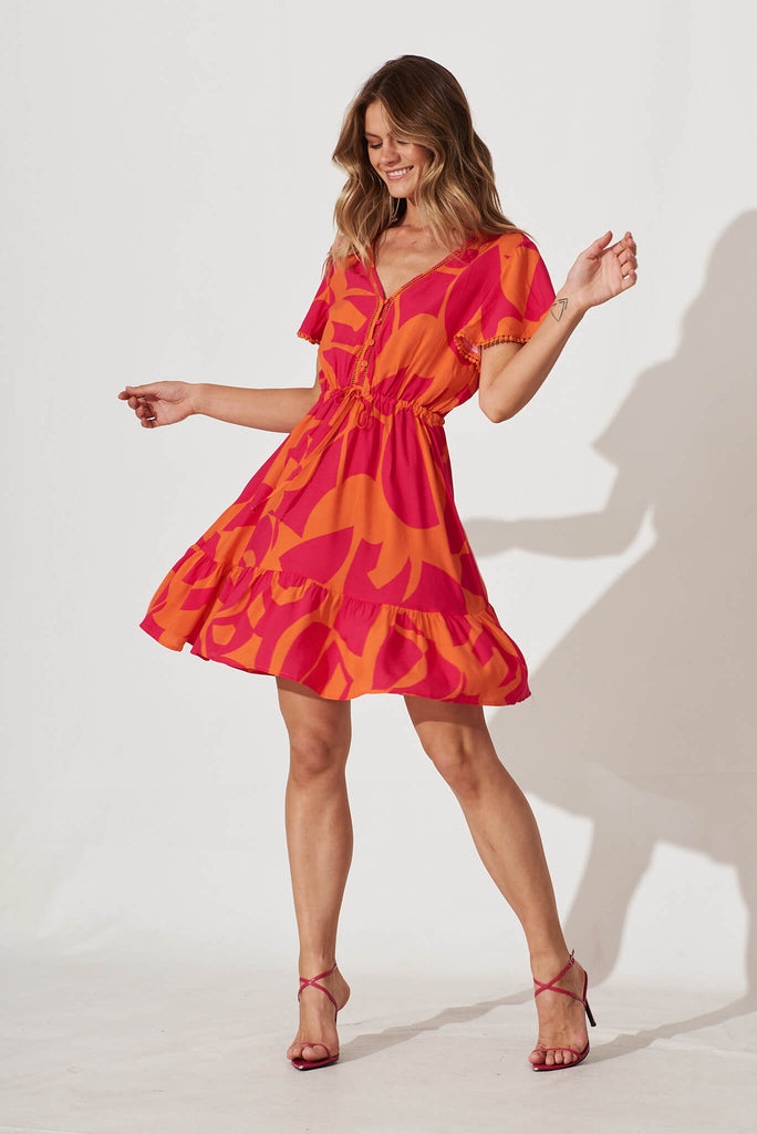 Tara Dress In Tangerine With Pink Print