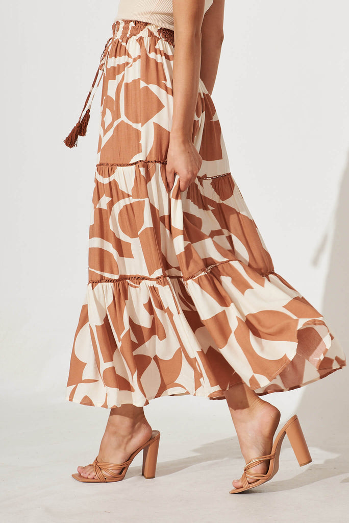 Freedom Maxi Skirt In Tan With Cream Geometric Print