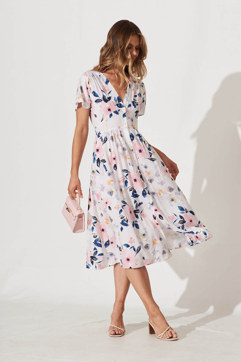 Anthea Midi Dress In White With Pink Watercolour Floral – St Frock