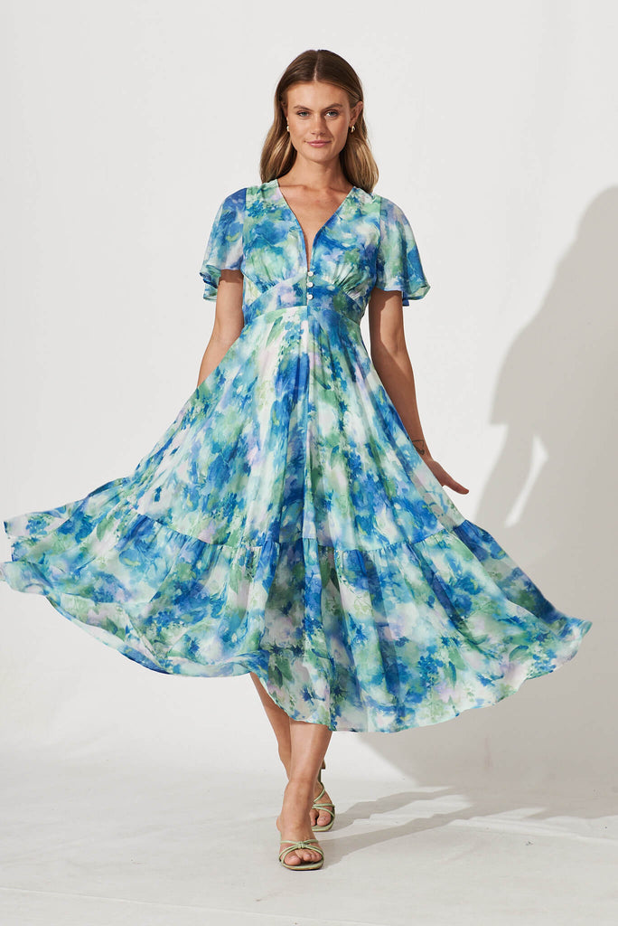 Nevada Maxi Dress In Blue With Green Watercolour Print