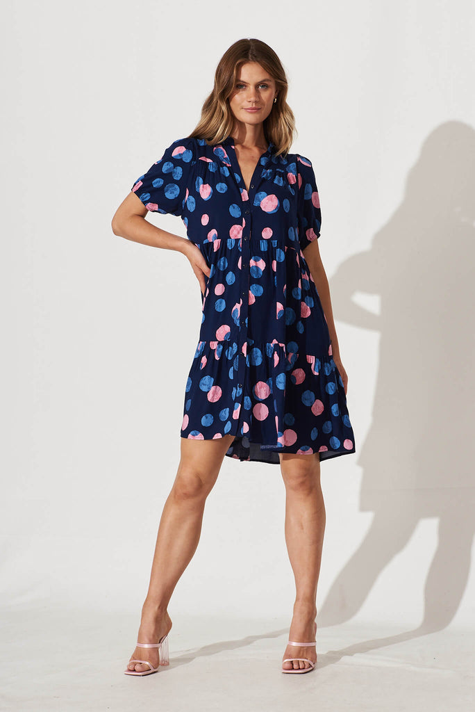 Felicia Smock Shirt Dress In Navy With Pink And Blue Spot