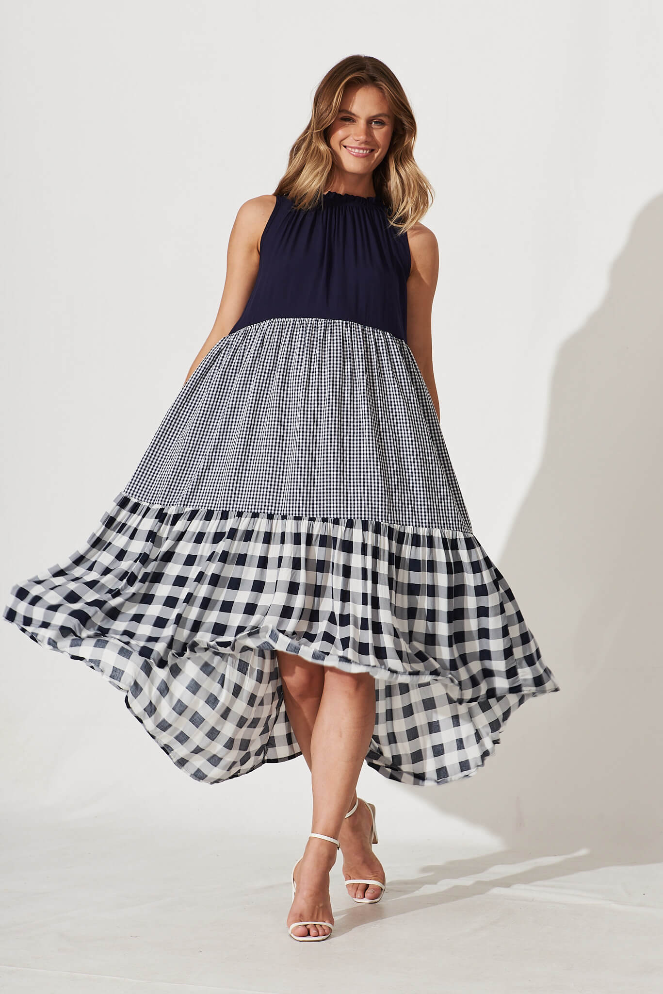 Abbotsford Midi Smock Dress In Navy And White Check - full length
