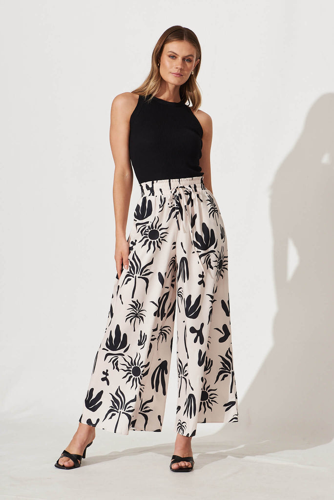 Goldie Wide Leg Pant In Cream With Black Print Linen Blend - full length