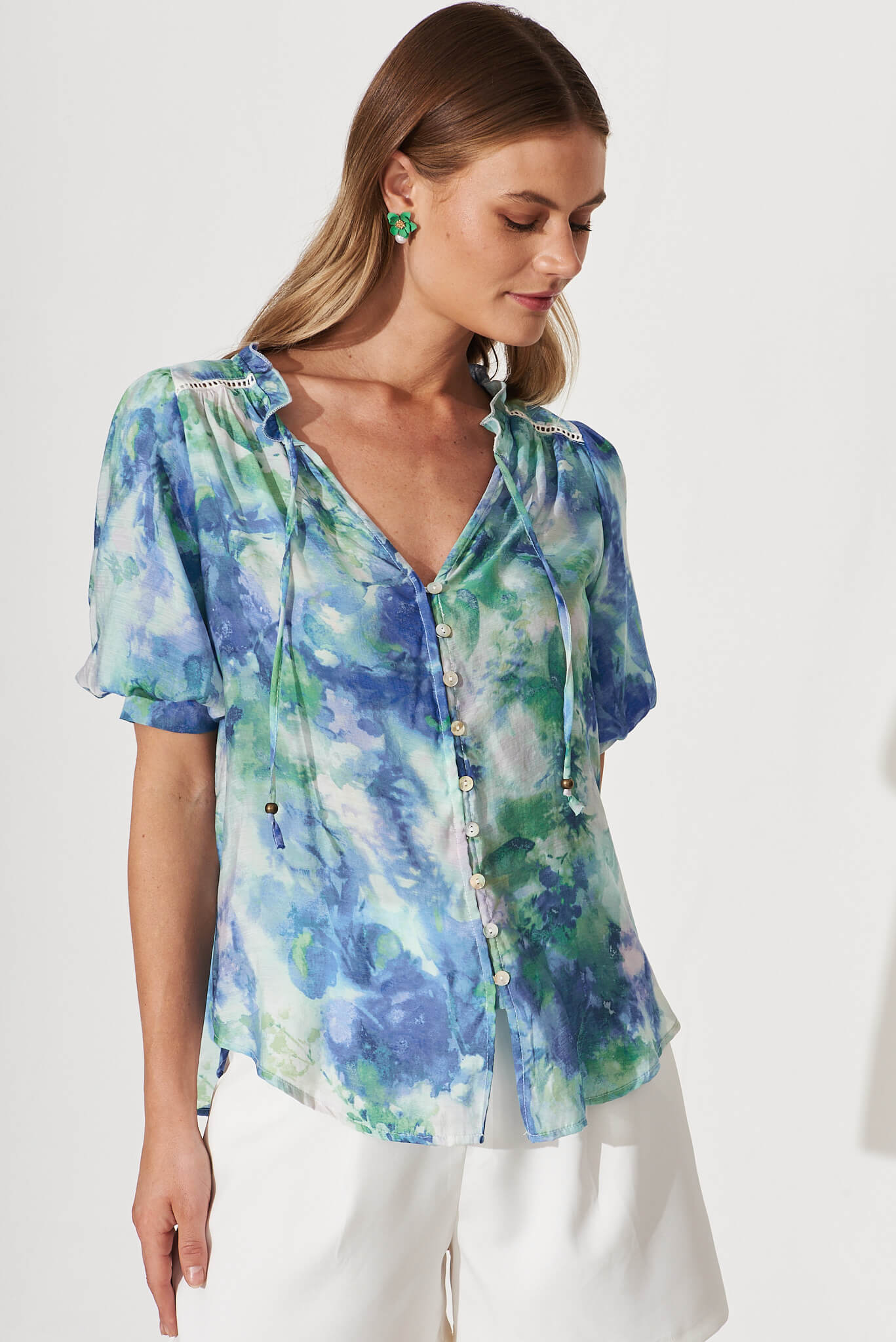 Jupiter Shirt In Blue With Green Watercolour Print - front