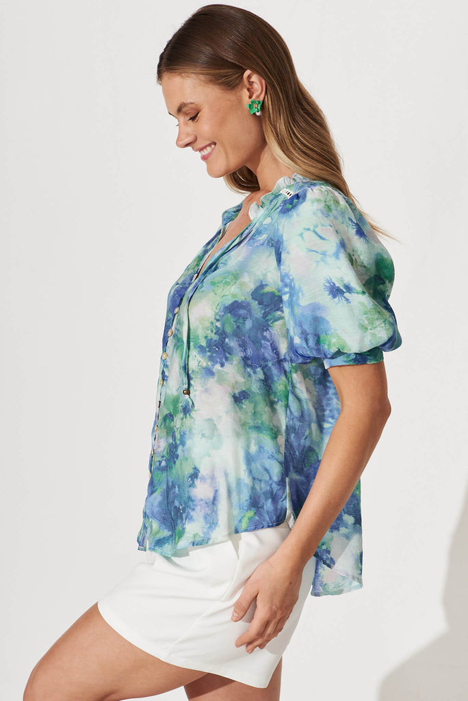 Jupiter Shirt In Blue With Green Watercolour Print - side