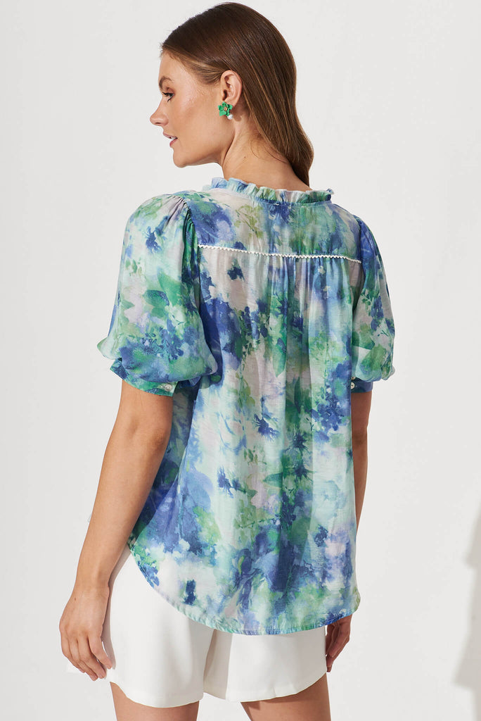 Jupiter Shirt In Blue With Green Watercolour Print - back