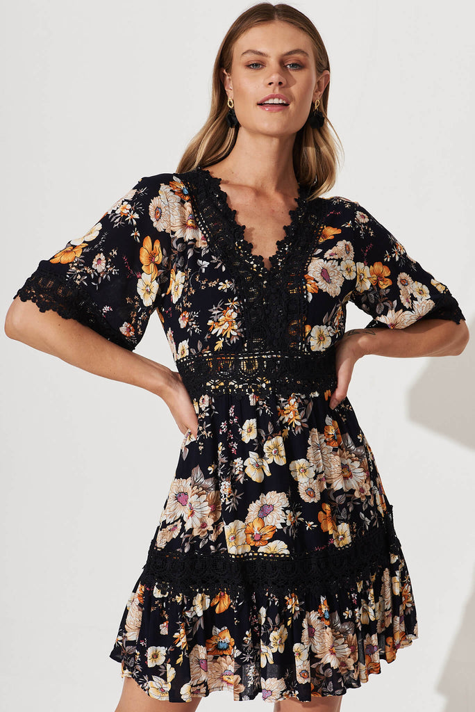 Macca Dress In Black With Rust Floral - front