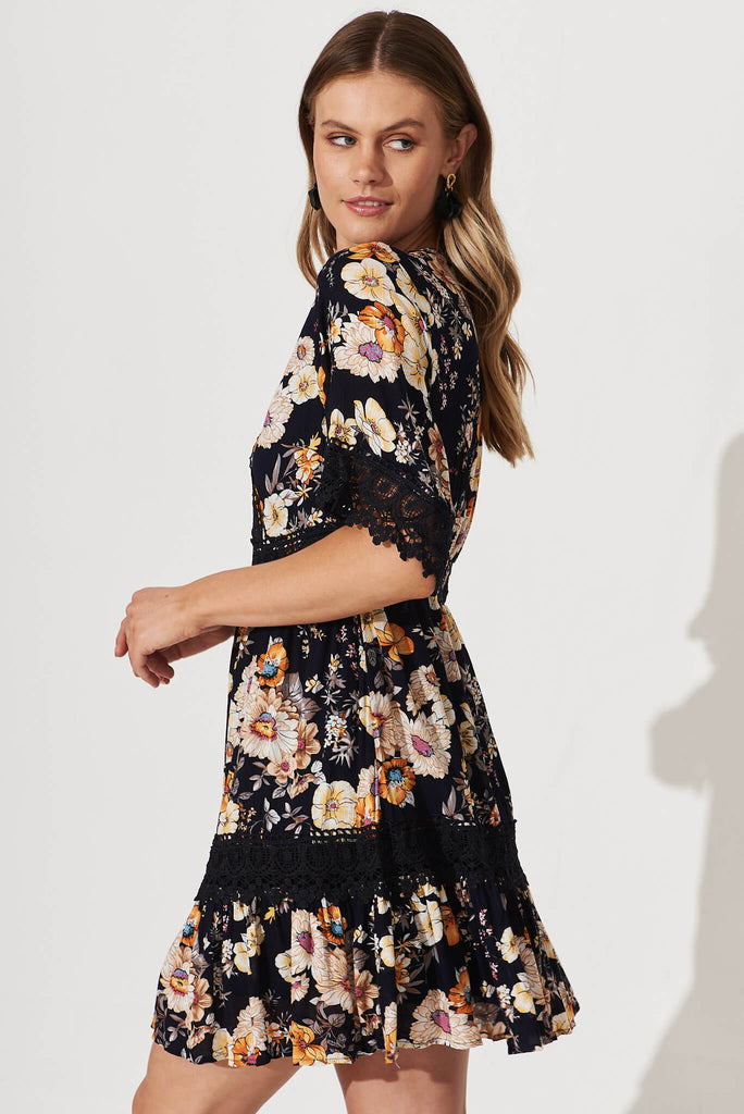 Macca Dress In Black With Rust Floral - side