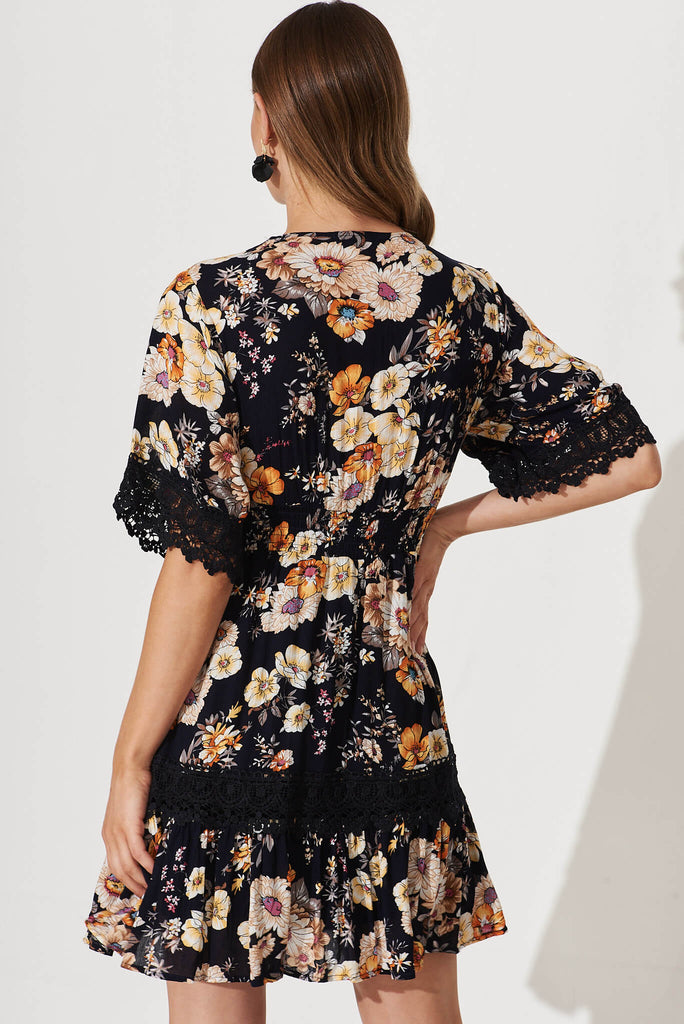 Macca Dress In Black With Rust Floral - back