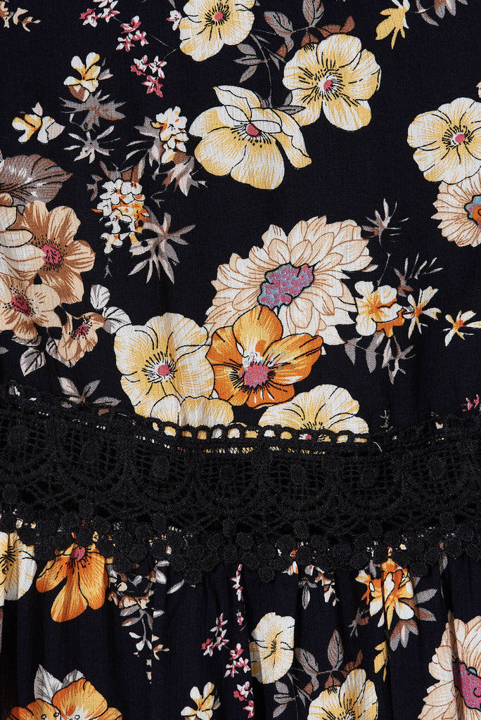 Macca Dress In Black With Rust Floral - fabric