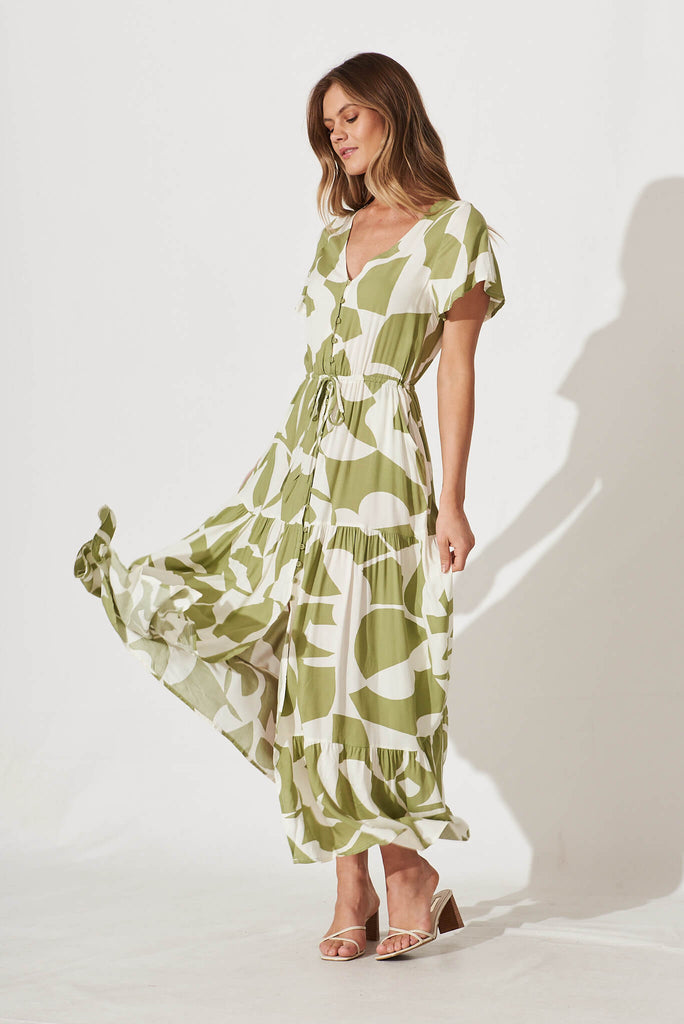 Clairie Maxi Dress In Olive And Cream Geometric Print - full length