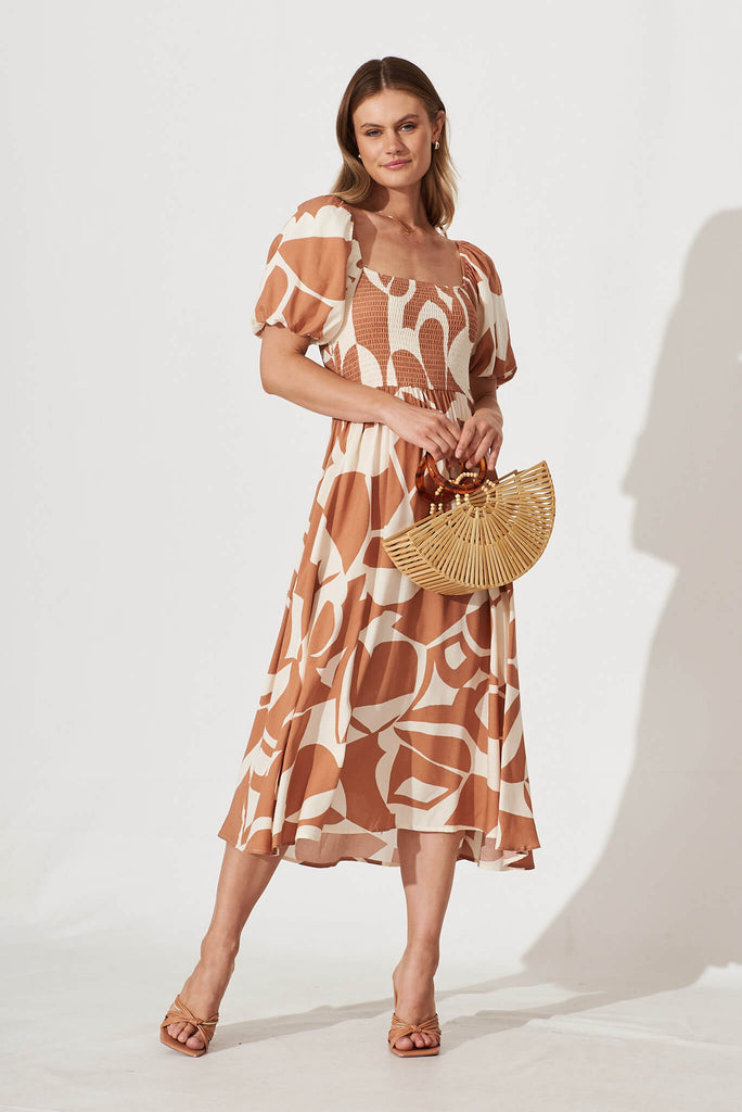 Mariam Midi Dress In Tan With Cream Geometric Print - full length