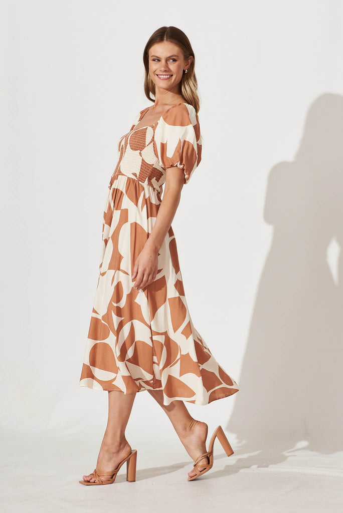 Mariam Midi Dress In Tan With Cream Geometric Print - side