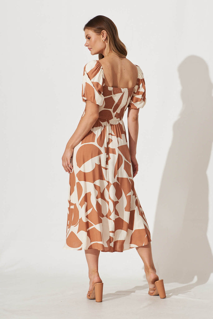 Mariam Midi Dress In Tan With Cream Geometric Print - back