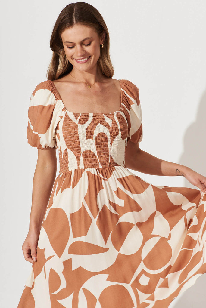Mariam Midi Dress In Tan With Cream Geometric Print - front