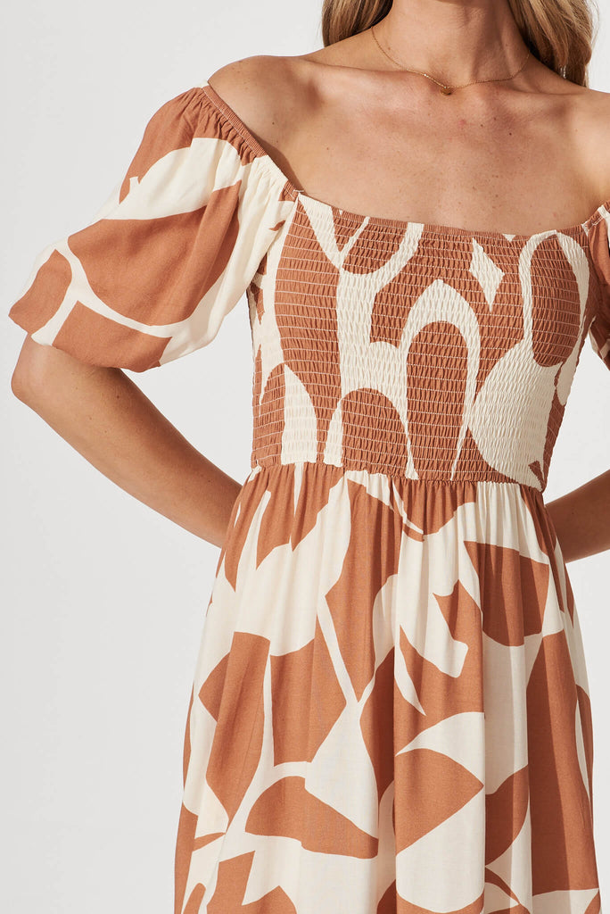 Mariam Midi Dress In Tan With Cream Geometric Print - detail