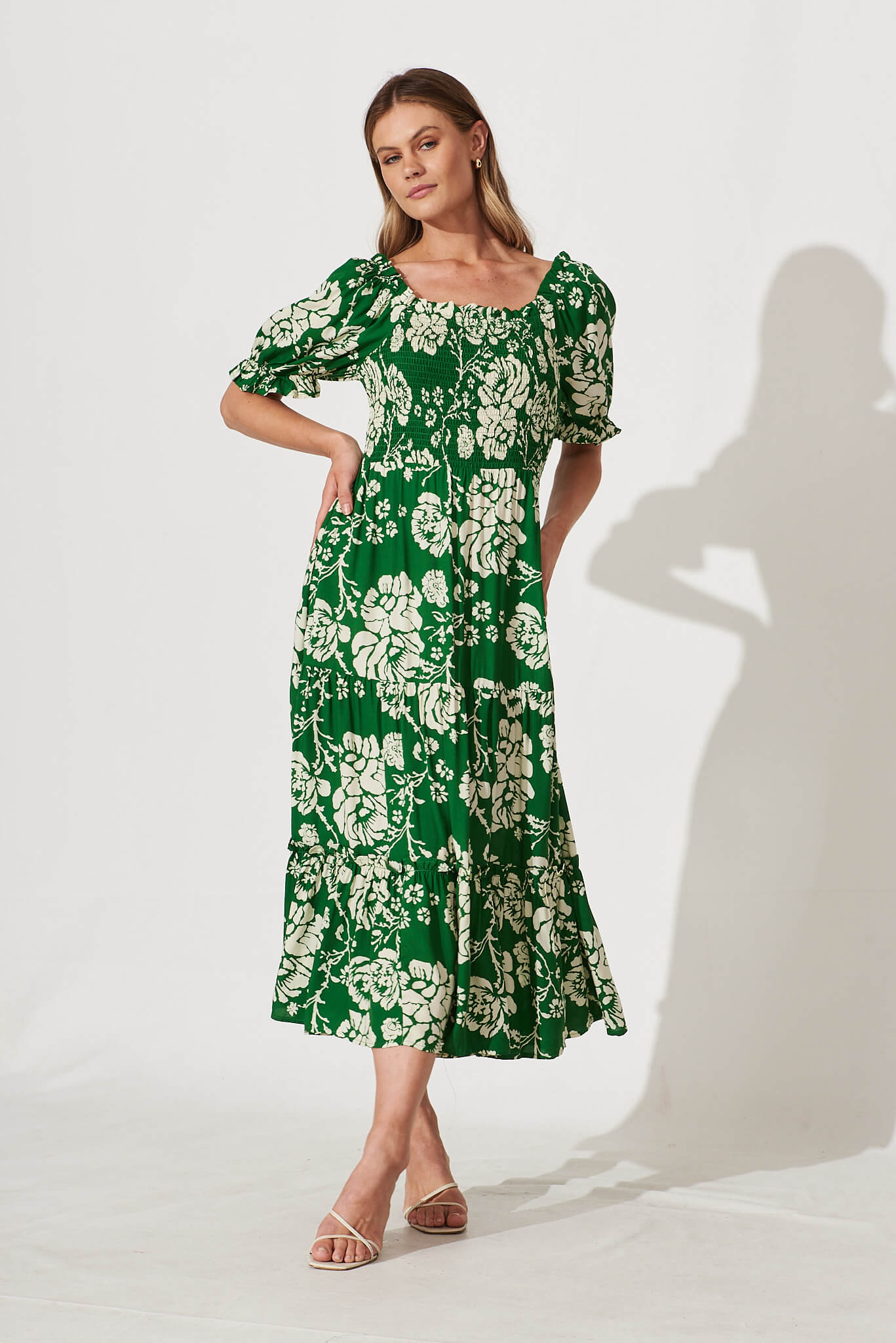 Hotel California Midi Dress In Green With White Floral - full length