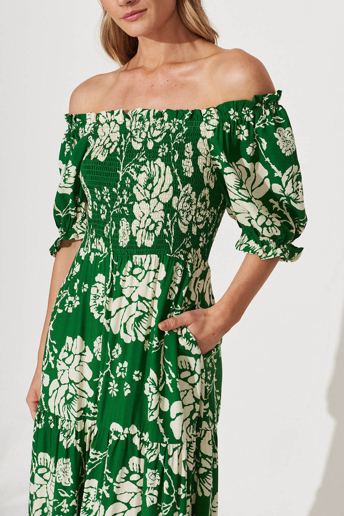 Hotel California Midi Dress In Green With White Floral - detail