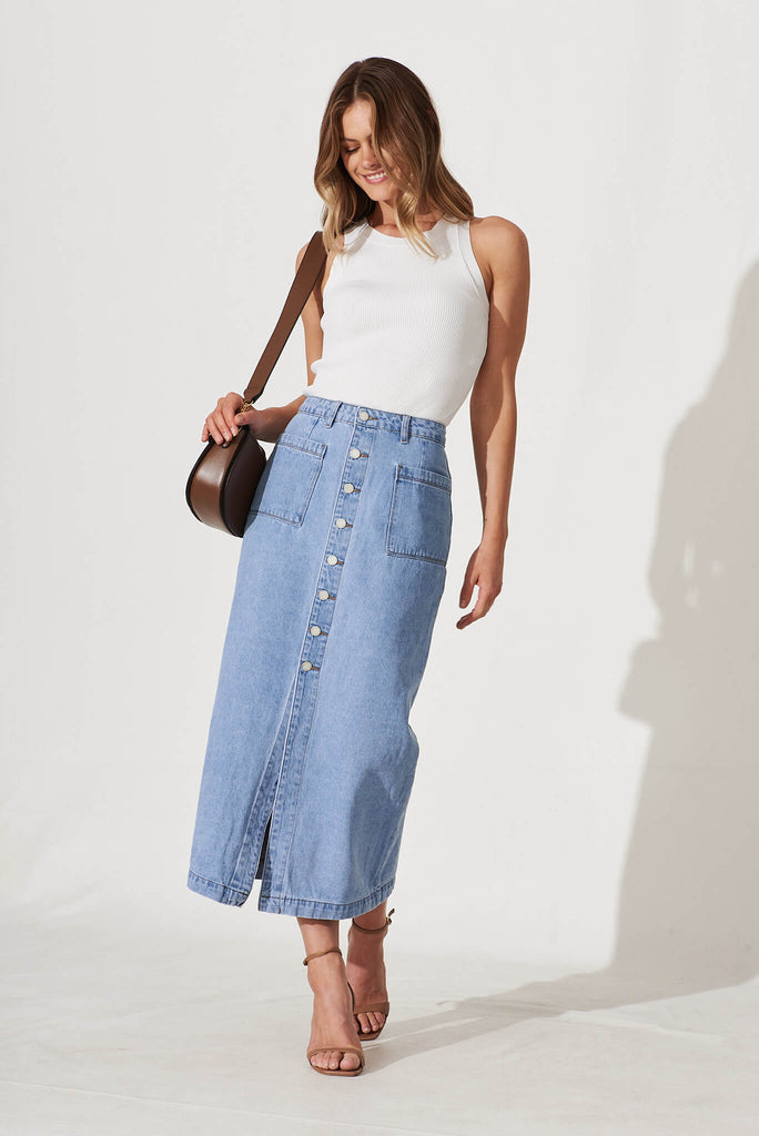 Starflower Maxi Denim Skirt In Light Blue - full length