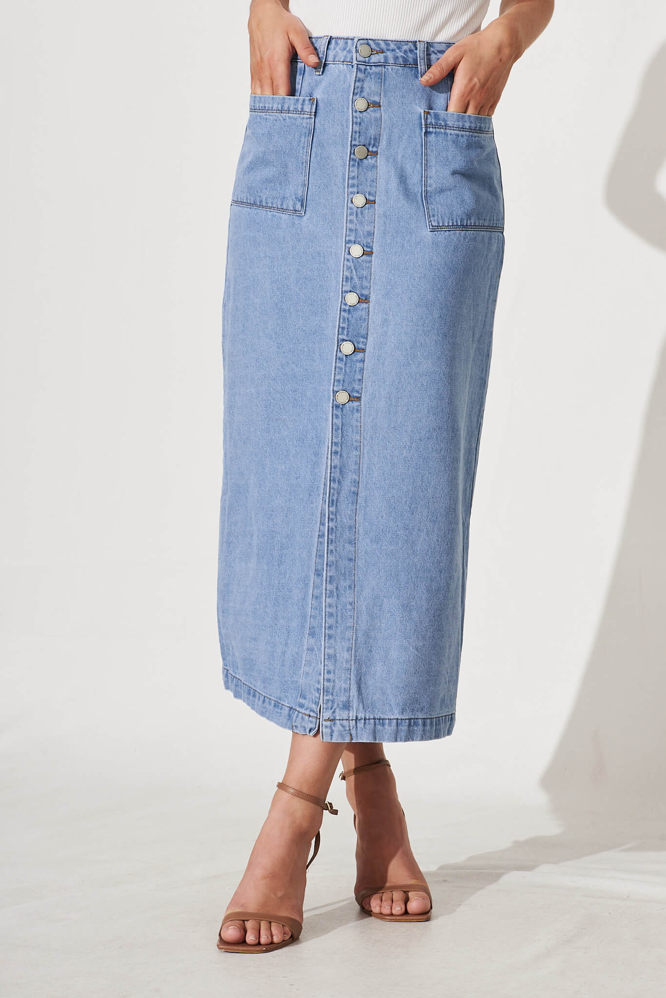 Starflower Maxi Denim Skirt In Light Blue - front