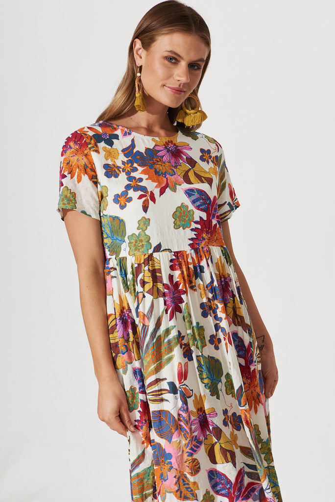 Sonya Smock Midi Dress In White With Bright Multi Floral - front