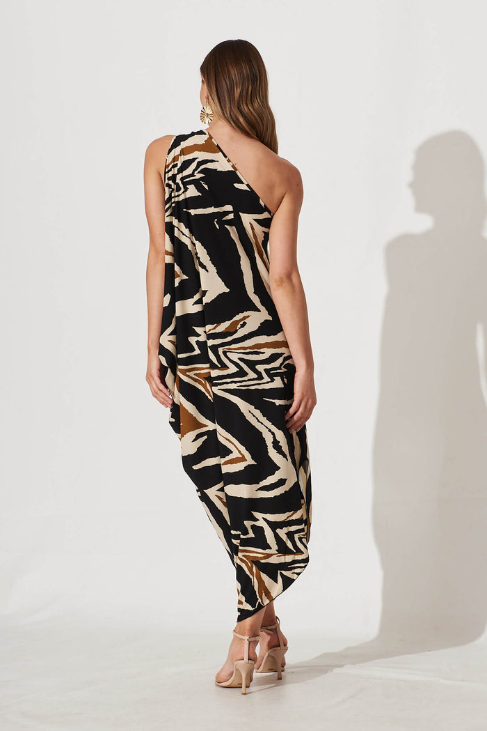 Goddess One Shoulder Maxi Dress In Black And Beige Print - back