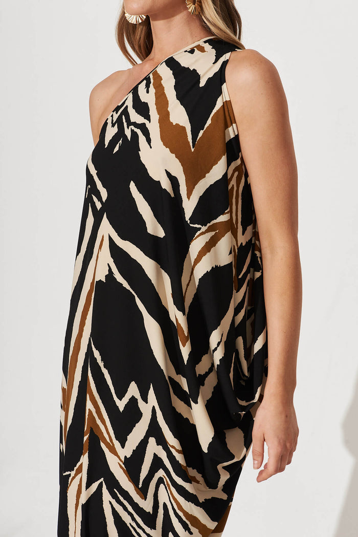 Goddess One Shoulder Maxi Dress In Black And Beige Print - detail