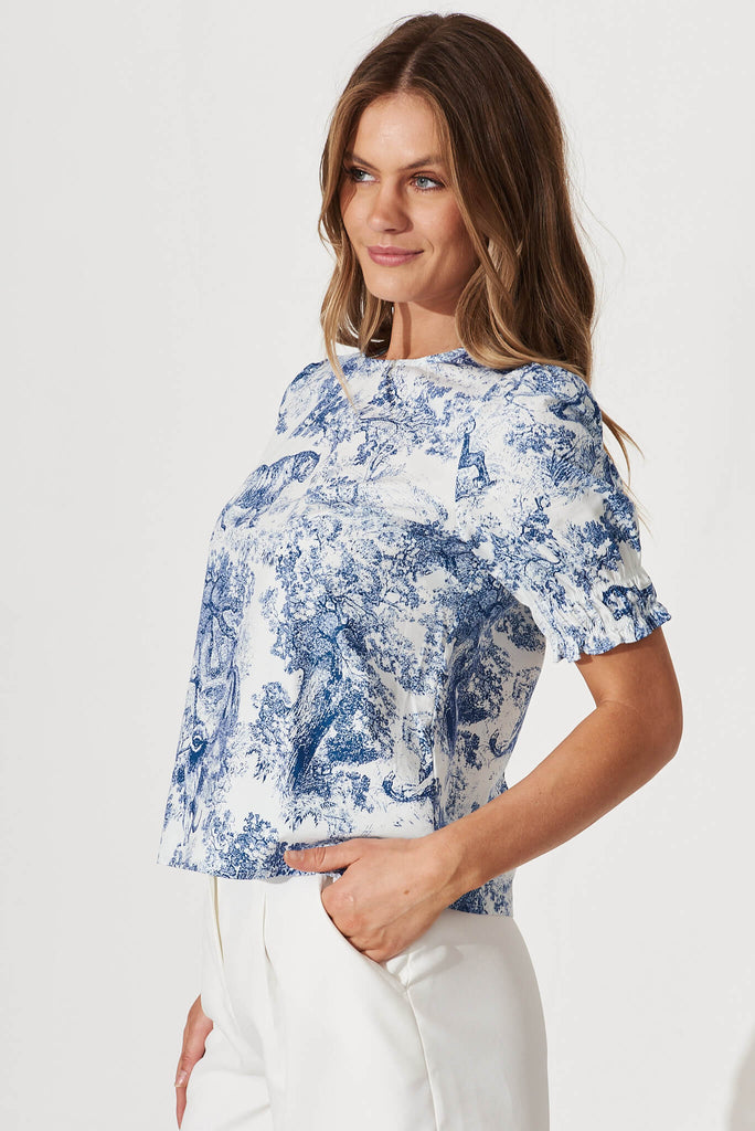 Melanie Top In White With Blue Floral Cotton - side