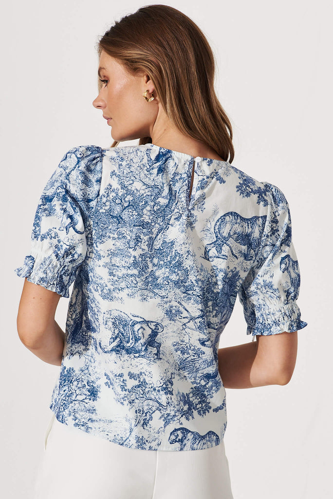 Melanie Top In White With Blue Floral Cotton - back