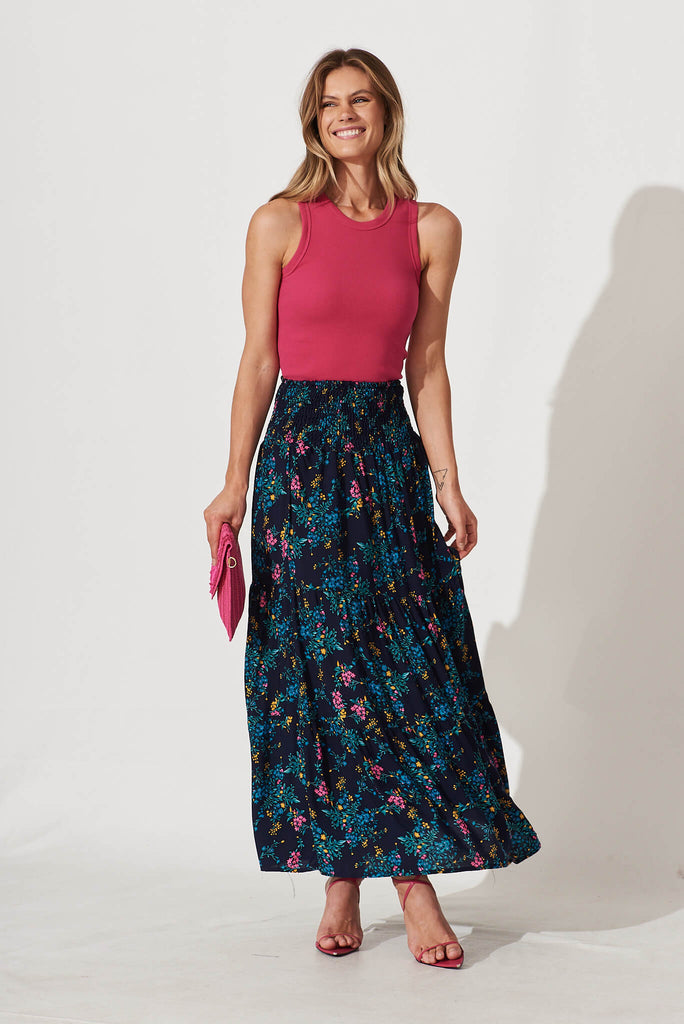 Macarena Maxi Skirt In Navy With Blue Floral - full length
