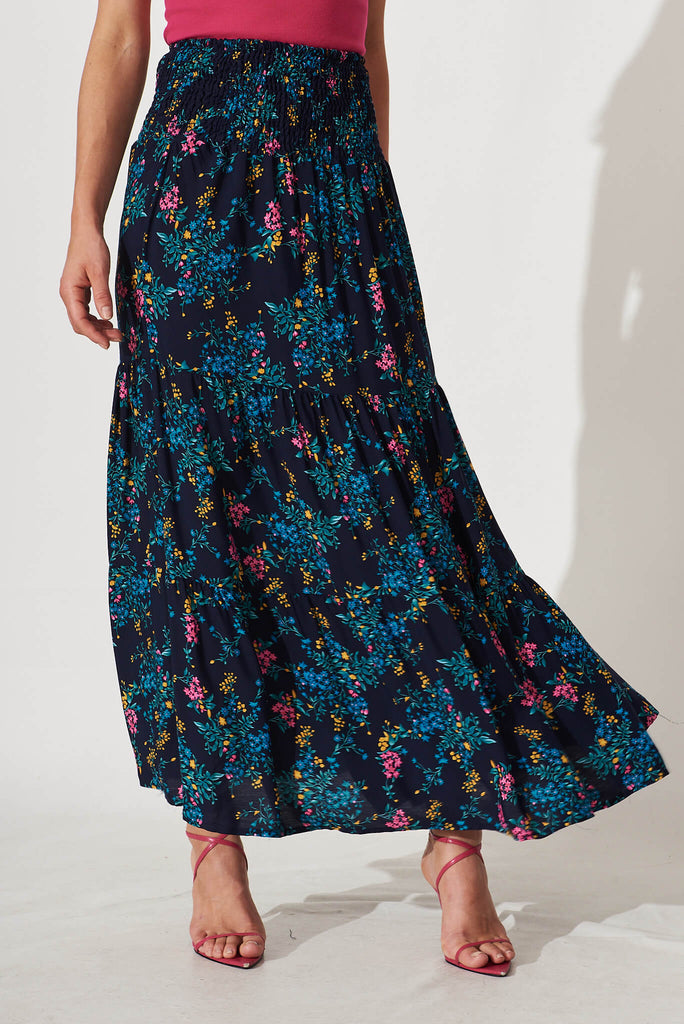 Macarena Maxi Skirt In Navy With Blue Floral - front