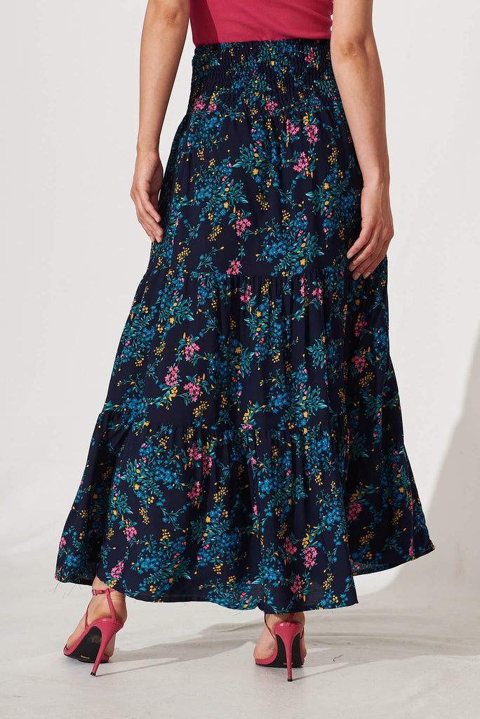 Macarena Maxi Skirt In Navy With Blue Floral - back