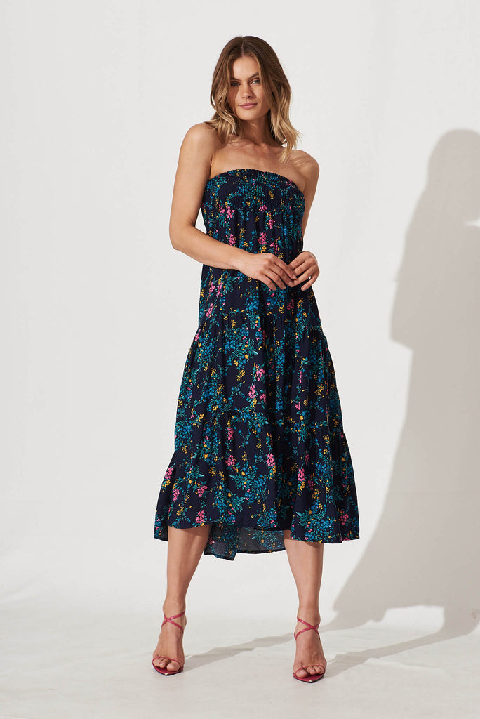 Macarena Maxi Skirt In Navy With Blue Floral - full length dress