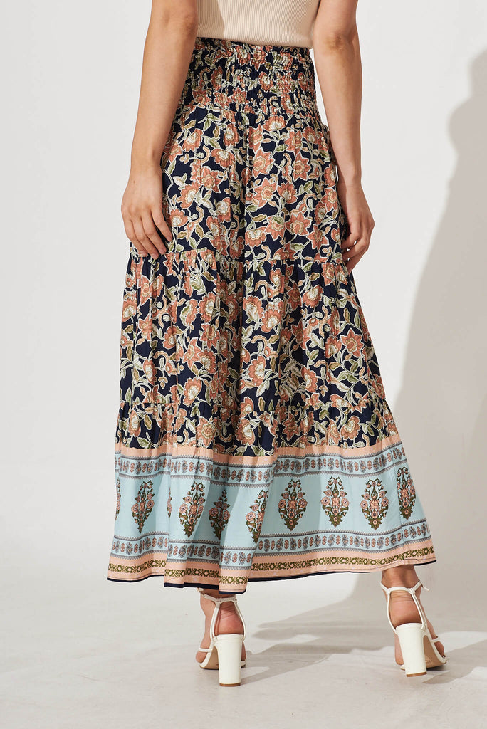 Macarena Maxi Skirt In Navy With Rust Border Print - back
