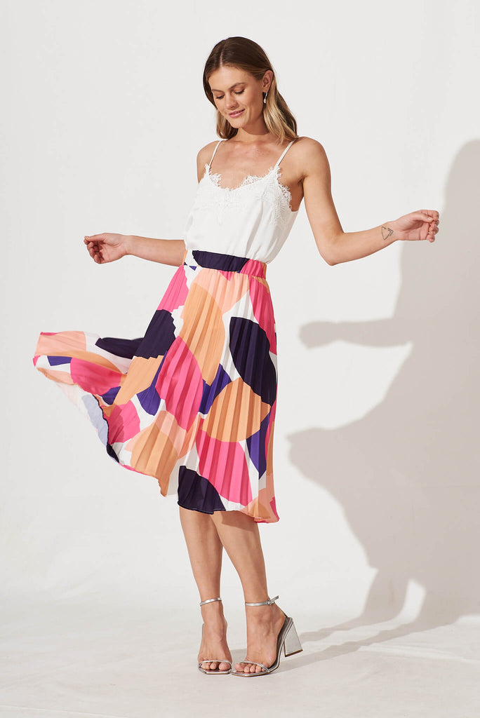 Eureka Midi Pleat Skirt In Bright Multi Linen Blend - full length