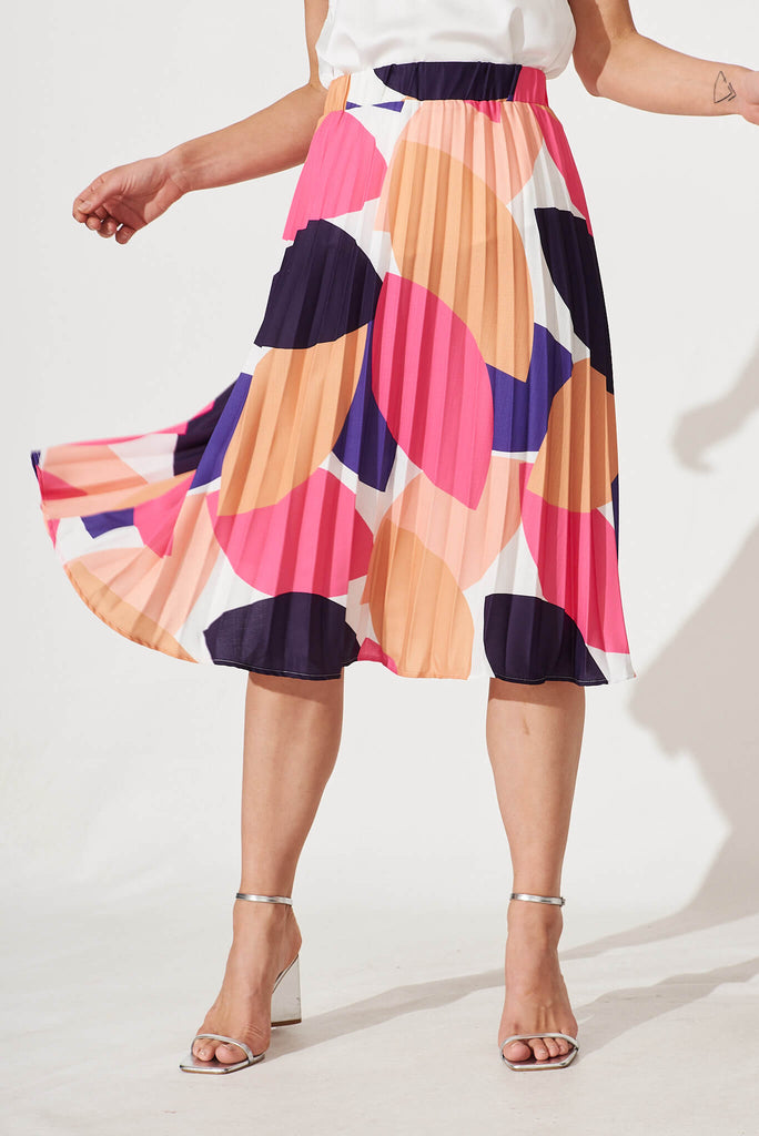 Eureka Midi Pleat Skirt In Bright Multi Linen Blend - front
