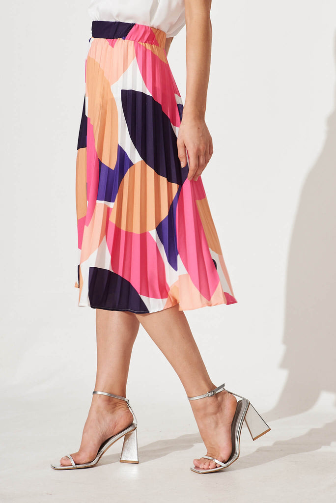 Eureka Midi Pleat Skirt In Bright Multi Linen Blend - side