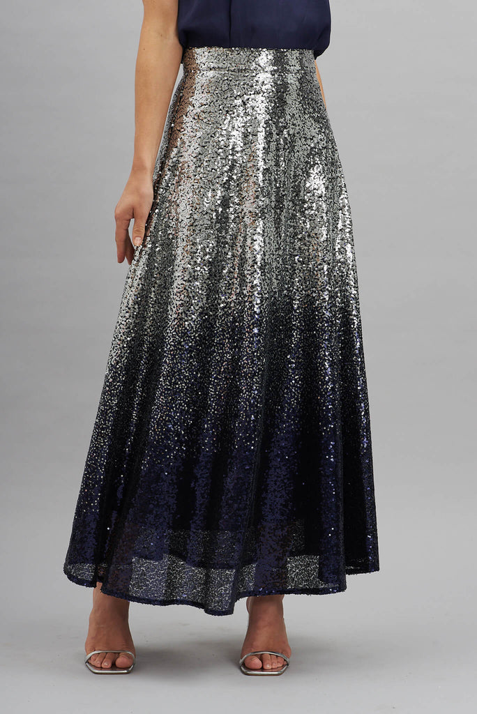 Exquisite Maxi Skirt In Silver With Navy Ombre Sequin - front