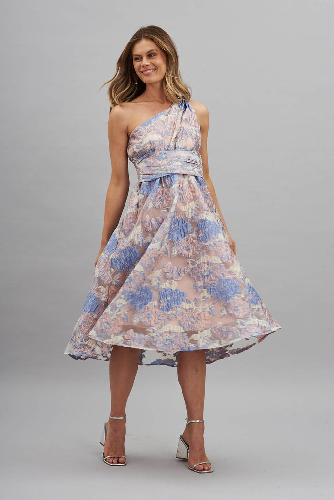 Majestic One Shoulder Midi Dress In Silver With Pink And Lilac Organza Floral - full length