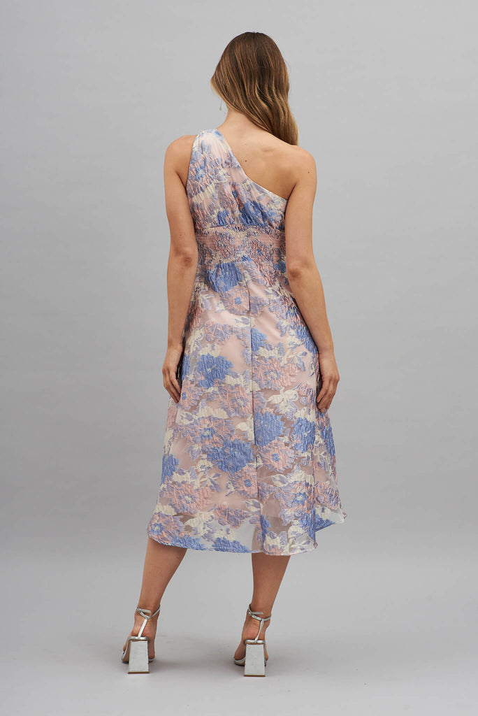 Majestic One Shoulder Midi Dress In Silver With Pink And Lilac Organza Floral - back