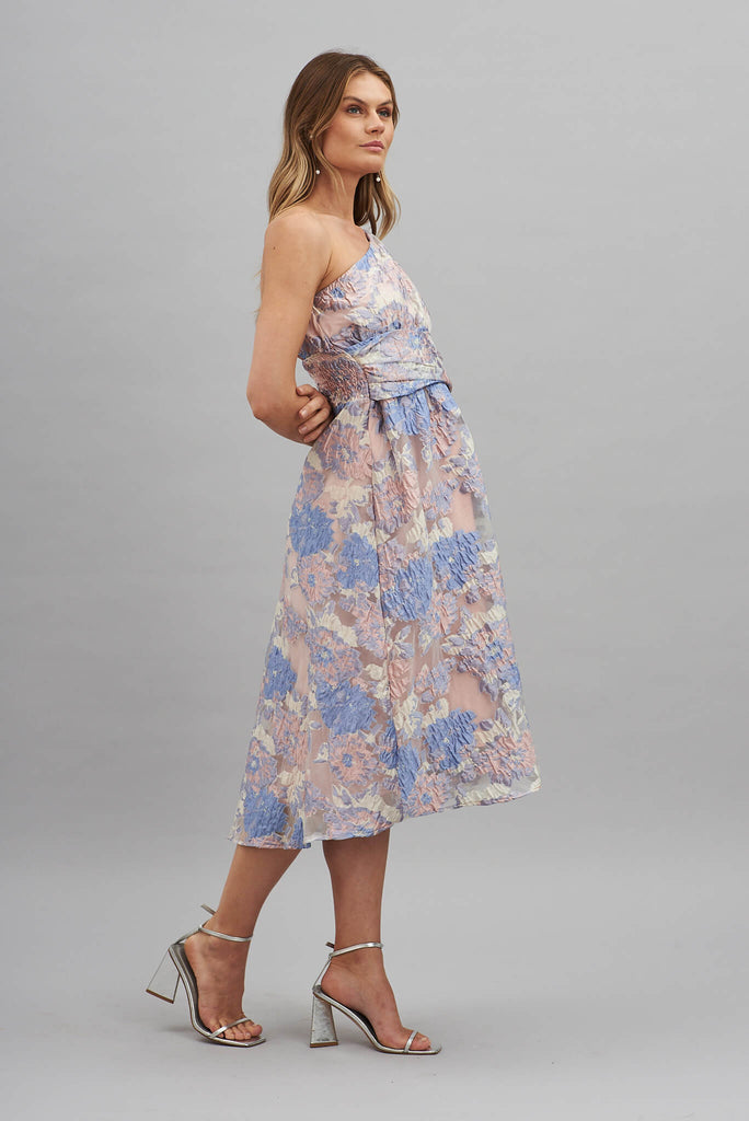 Majestic One Shoulder Midi Dress In Silver With Pink And Lilac Organza Floral - side