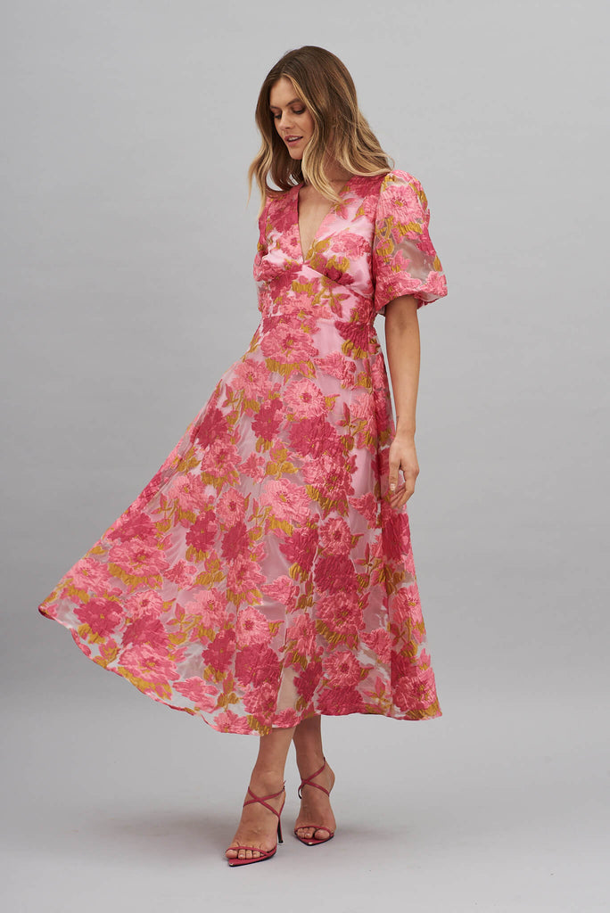 Opulence Midi Dress In Pink Floral Organza Burnout - full length