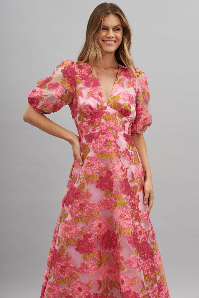 Opulence Midi Dress In Pink Floral Organza Burnout - front