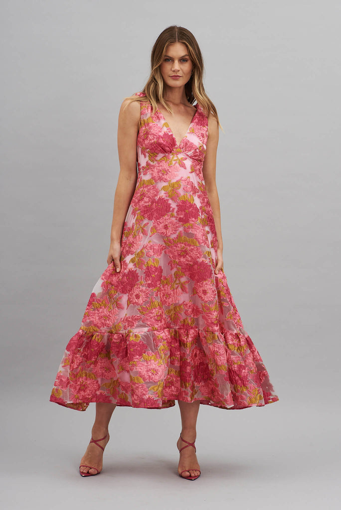 Deluxe Maxi Dress In Pink Floral Organza Burnout - full length