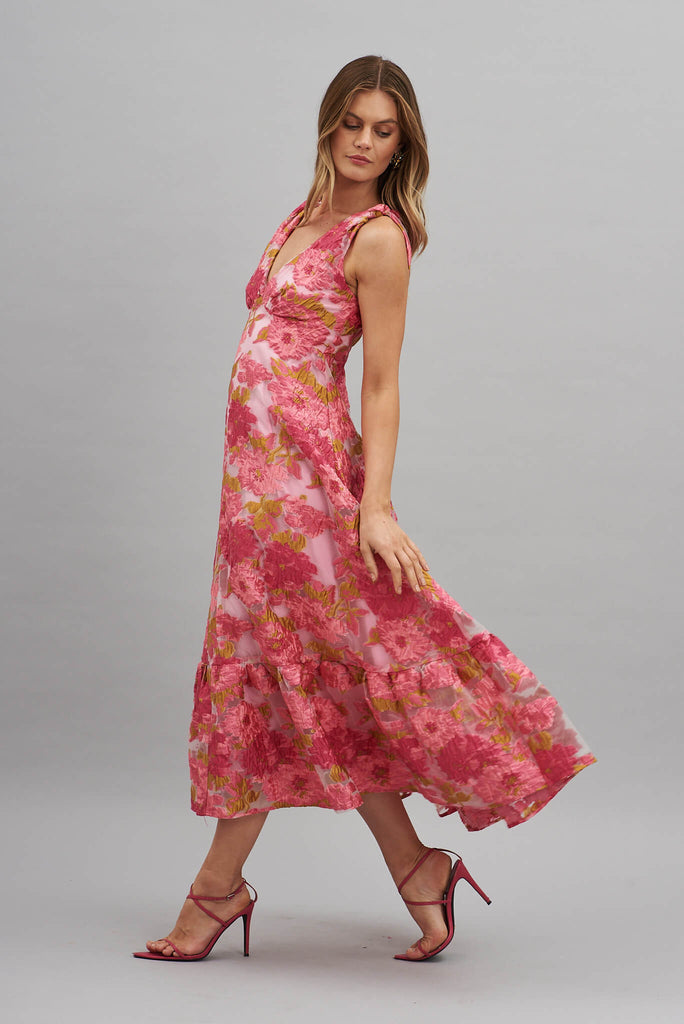 Deluxe Maxi Dress In Pink Floral Organza Burnout - side
