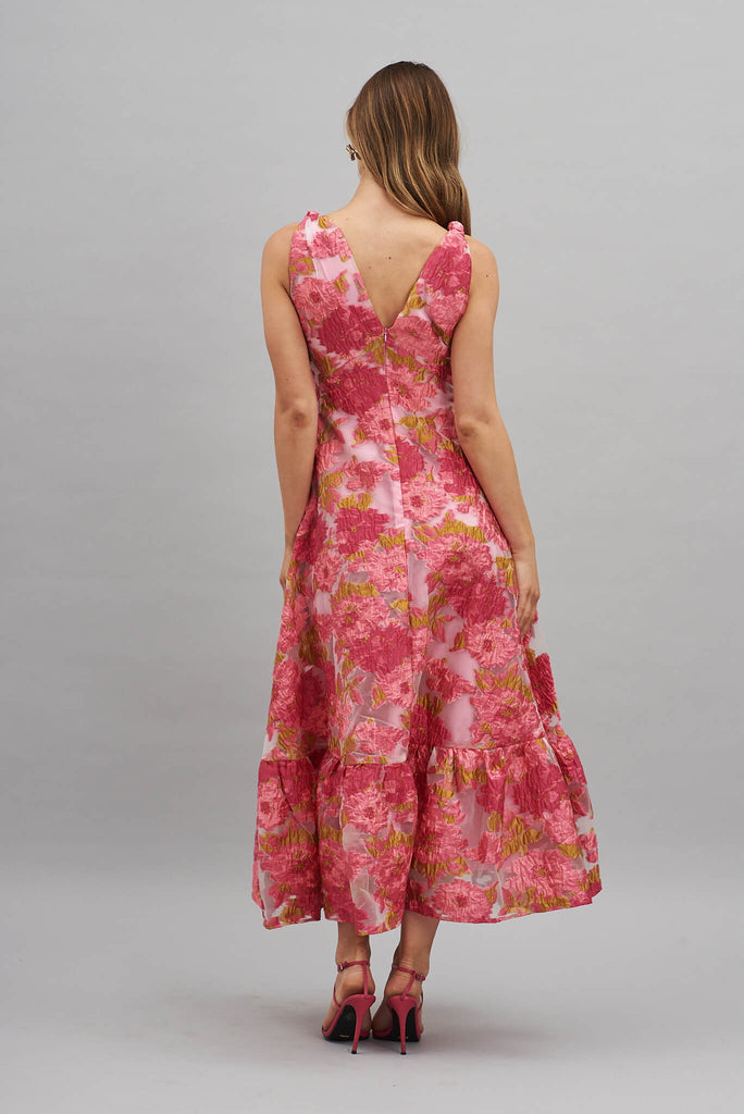 Deluxe Maxi Dress In Pink Floral Organza Burnout - back