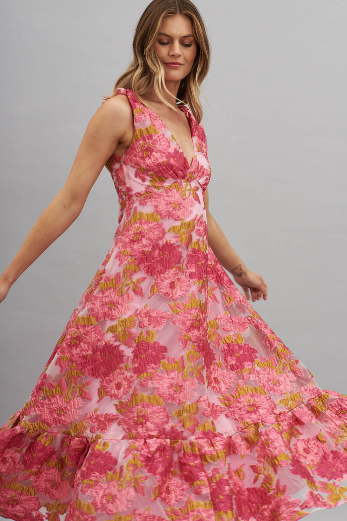 Deluxe Maxi Dress In Pink Floral Organza Burnout - front
