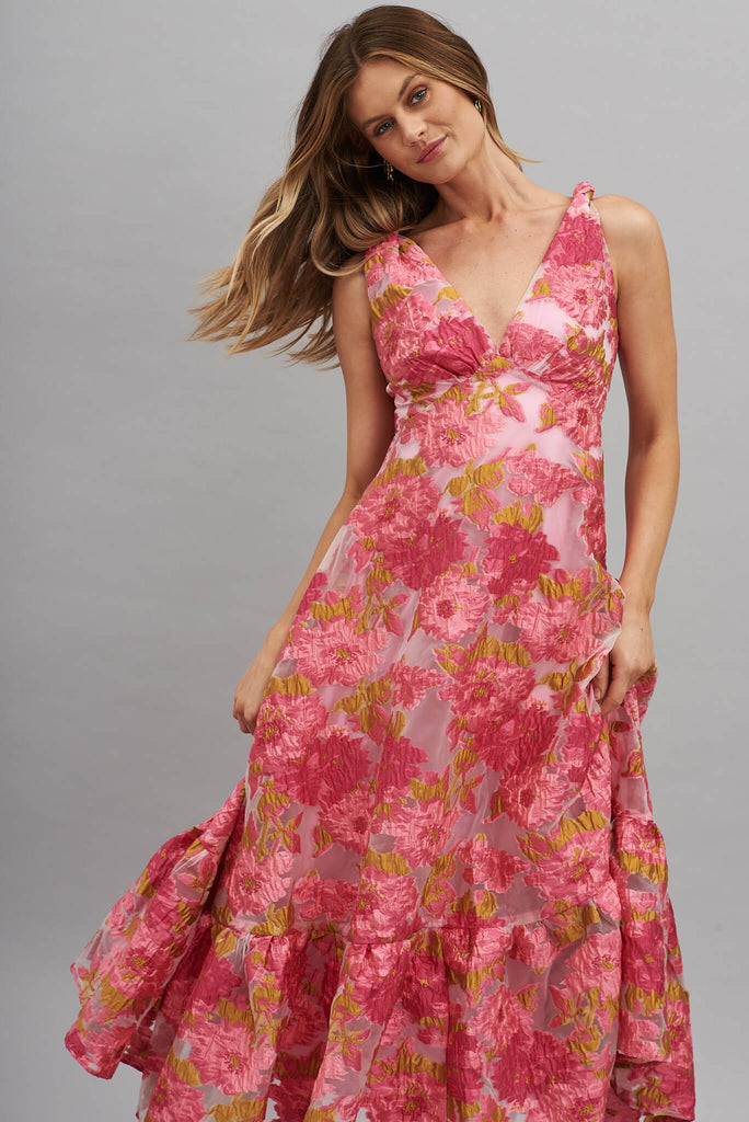 Deluxe Maxi Dress In Pink Floral Organza Burnout - front