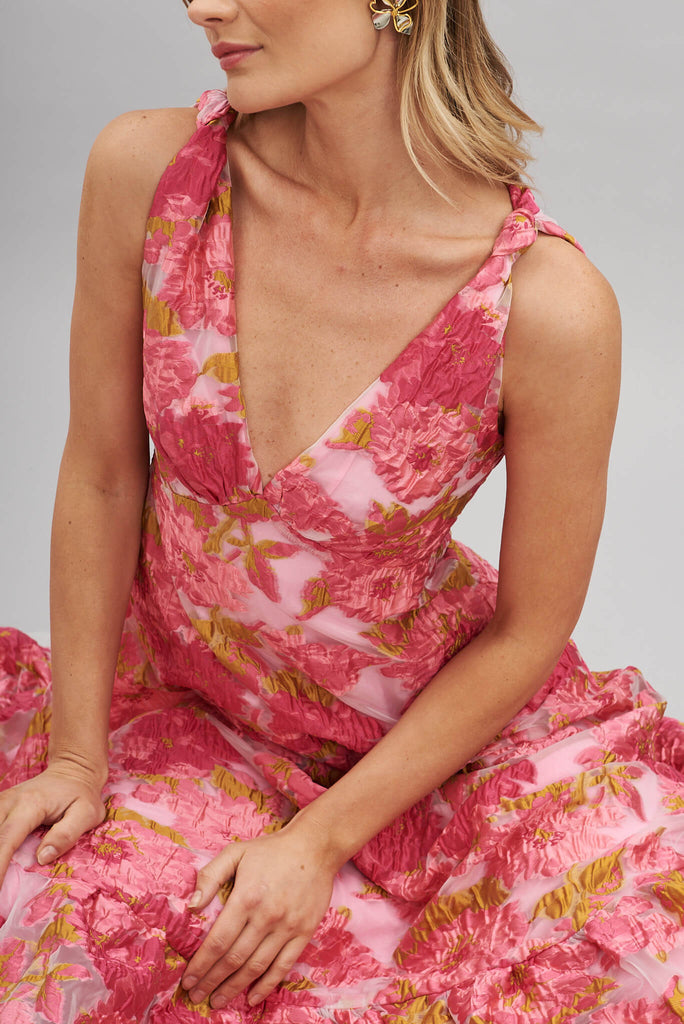 Deluxe Maxi Dress In Pink Floral Organza Burnout - detail