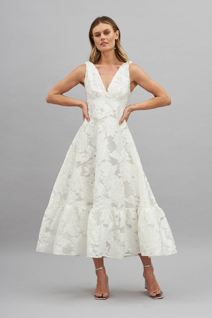 Deluxe Maxi Dress In White Floral Organza Burnout - full length